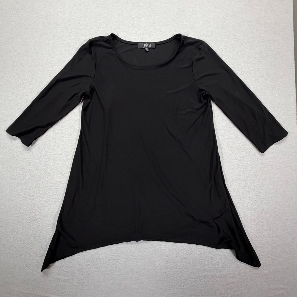 LBisse Womens Tunic Top Relaxed Black Sharkbite Hem 3/4 Sleeve S